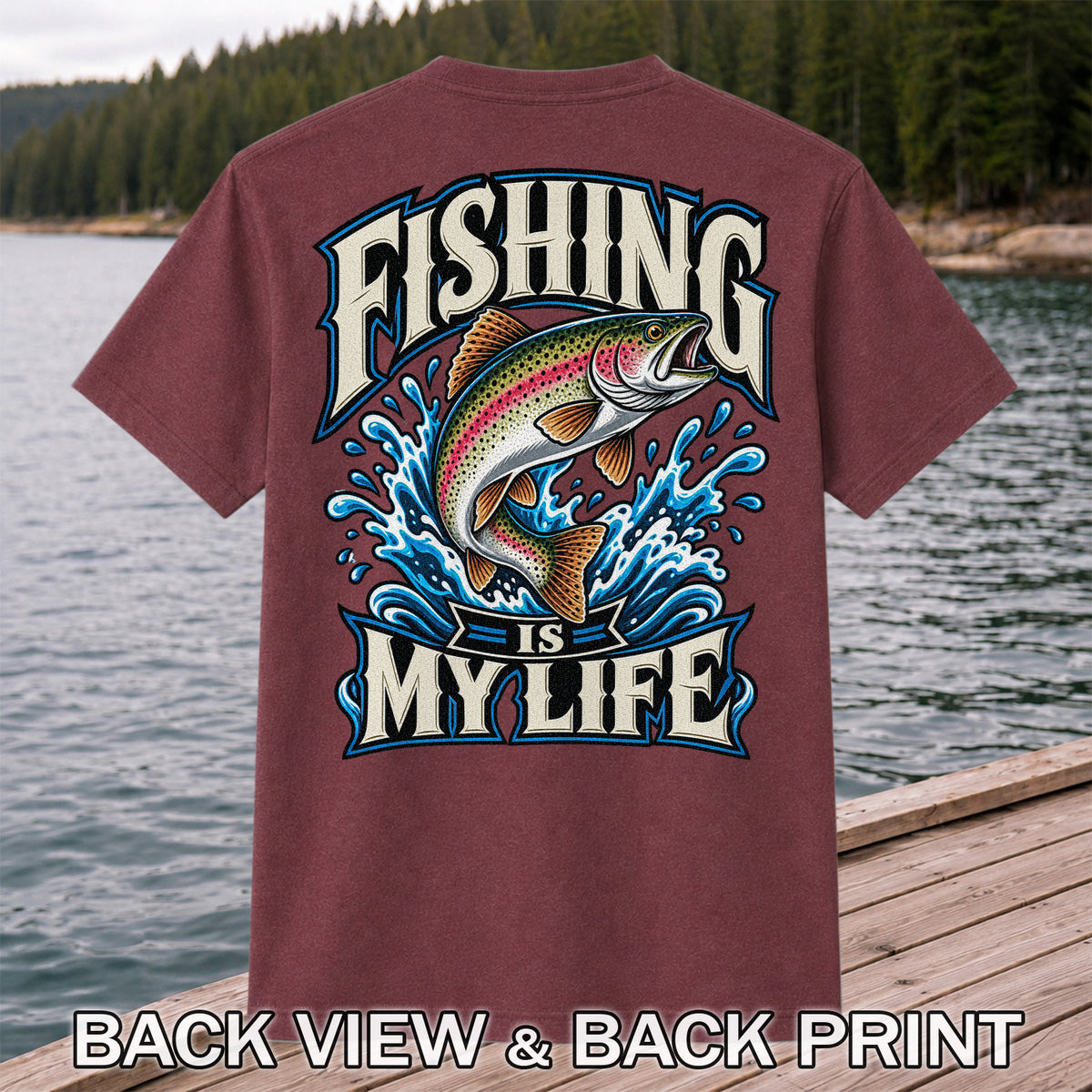 Fishing Is My Life Jumping Rainbow Trout Graphic T-Shirt | Back Print