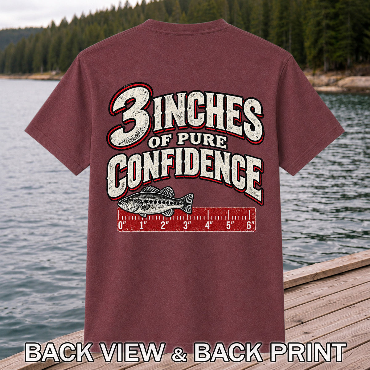 3 Inches of Pure Confidence Bass and Ruler Funny Fishing T-Shirt | Back Print