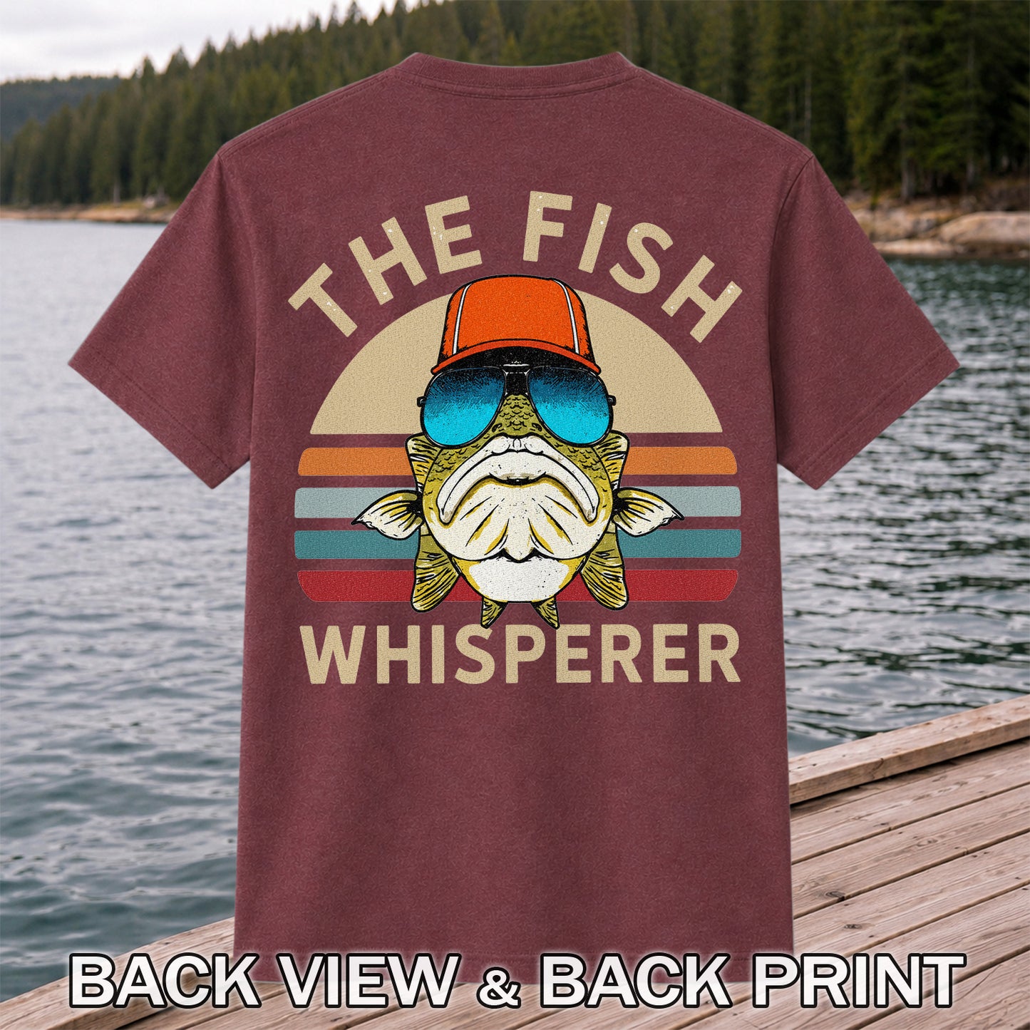 The Fish Whisperer Bass in Sunglasses and Trucker Hat T-Shirt | Back Print