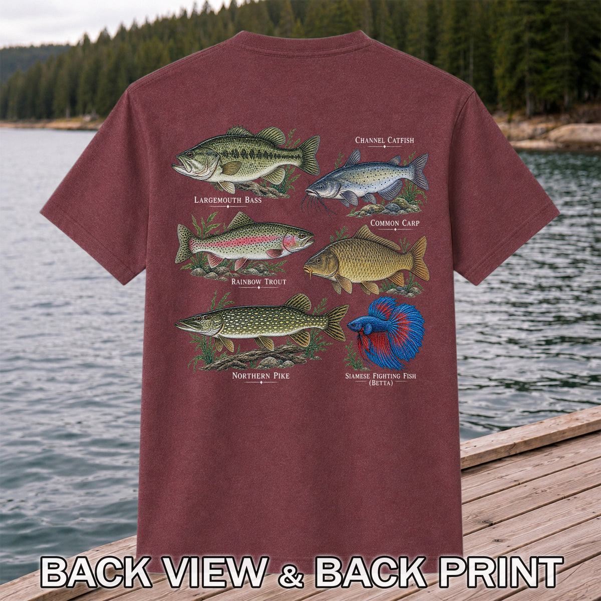 Bass Trout Catfish Carp Pike and Betta Freshwater Fish Graphic T-Shirt | Back Print