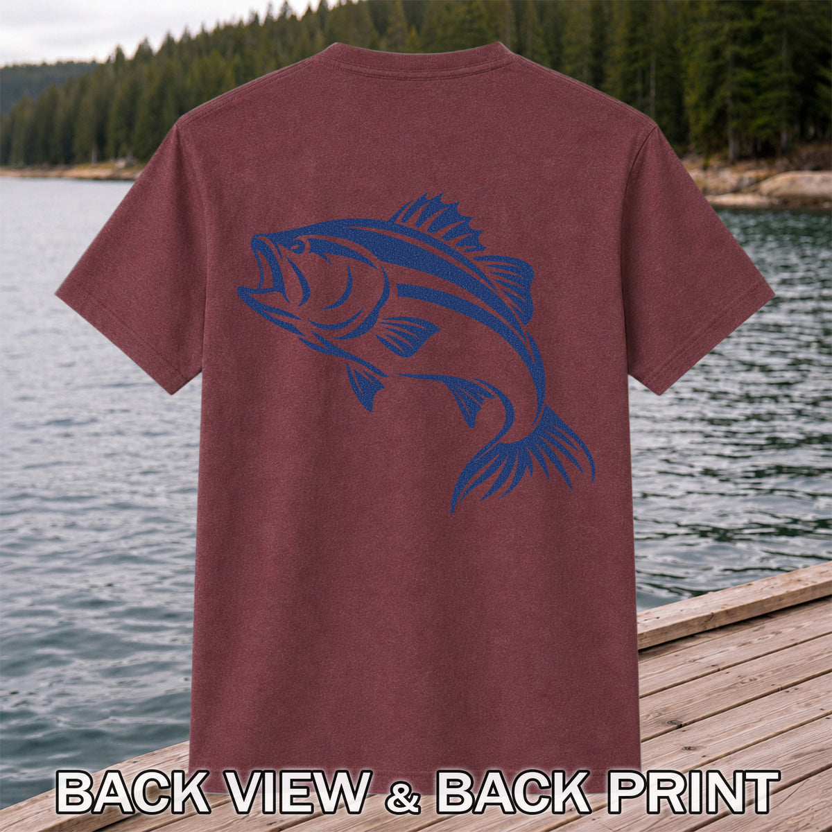 Blue Bass Fishing Line Art Graphic T-Shirt | Back Print