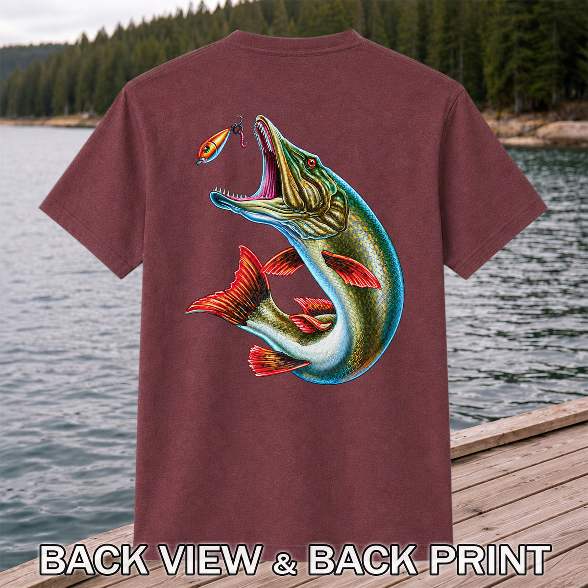 Northern Pike Chasing Fishing Lure Graphic T-Shirt | Back Print