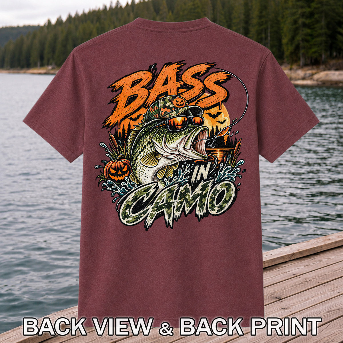 Bass in Camo Halloween Pumpkin Bass Fishing Graphic T-Shirt | Back Print