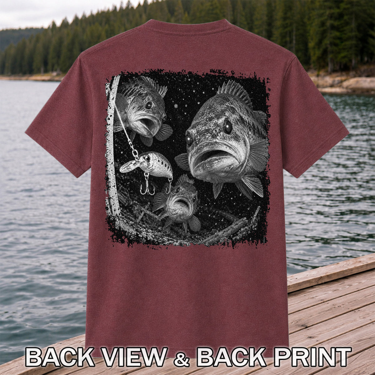 Vintage Bass Fishing Graphic T-Shirt with Underwater Fish Artwork | Back Print