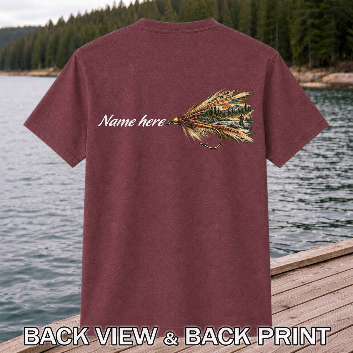 Personalized Fly Fishing Lure Name Graphic T-Shirt | Back Print