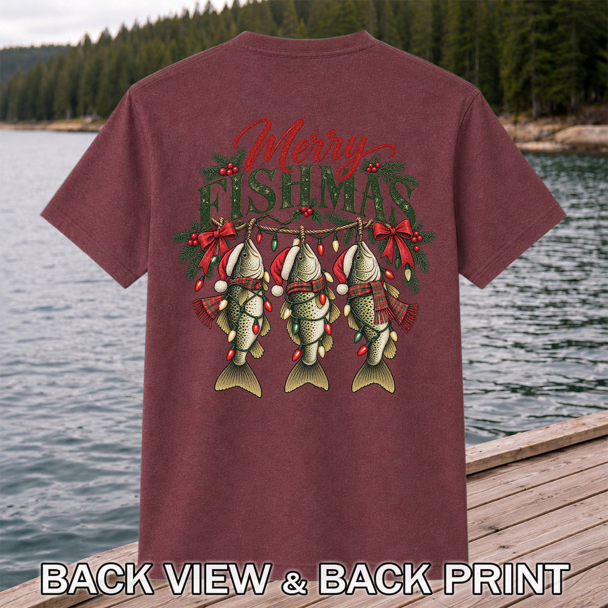 Merry Fishmas Christmas Trout Fishing Graphic T-Shirt | Back Print