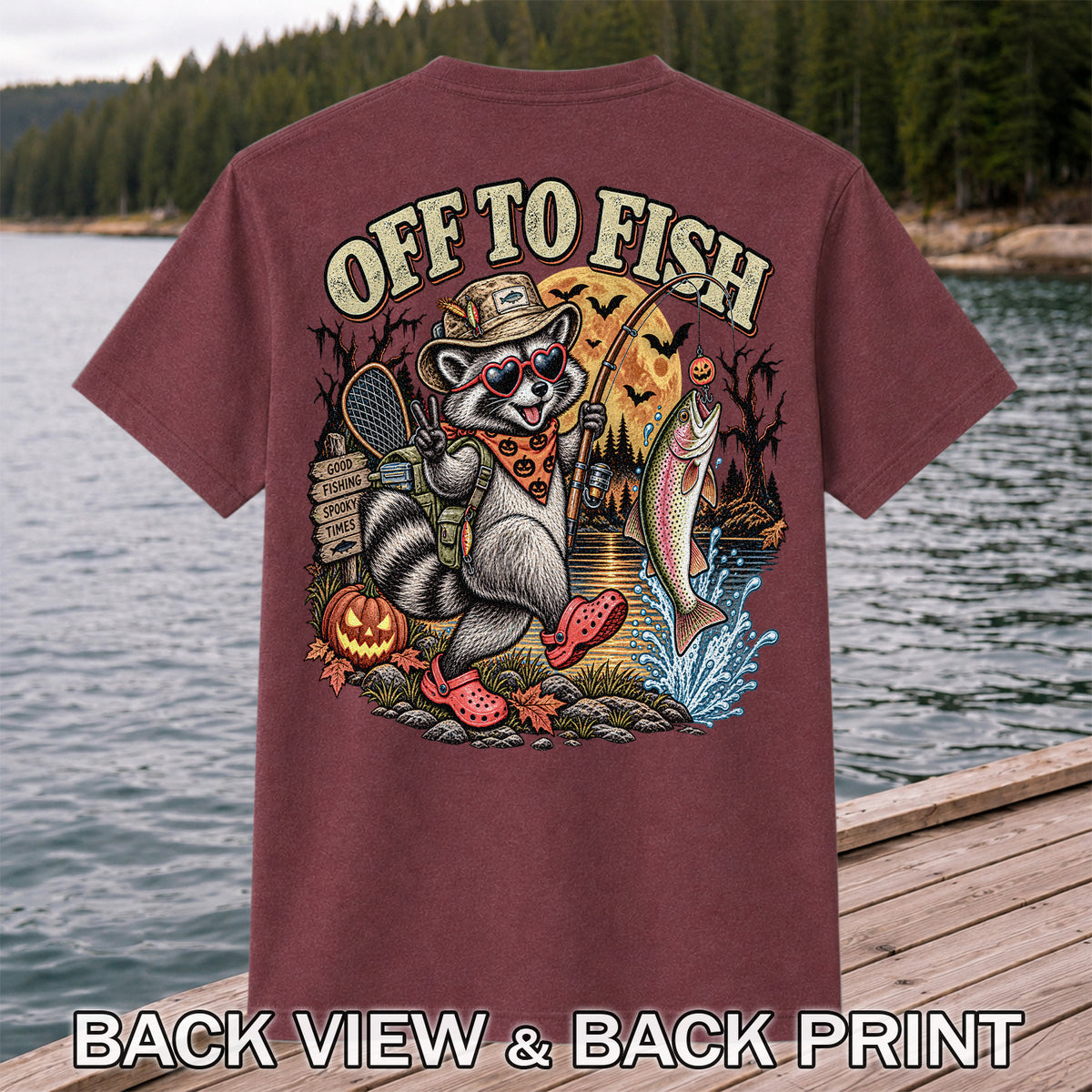 Off to Fish Raccoon and Trout Halloween T-Shirt - Good Fishing Spooky Times | Back Print