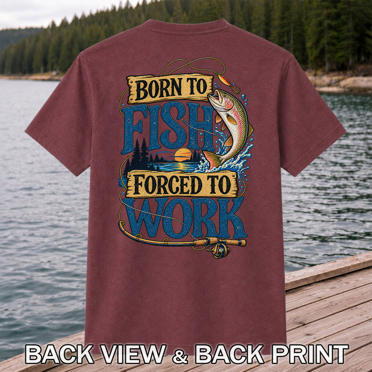 Rainbow Trout Lake Sunset Fishing Graphic T-Shirt | Back Print