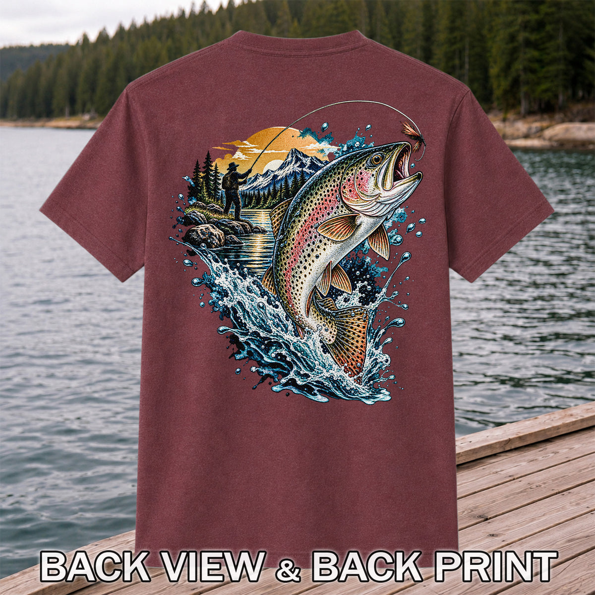 Leaping Rainbow Trout Mountain River Fly Fishing Graphic T-Shirt | Back Print