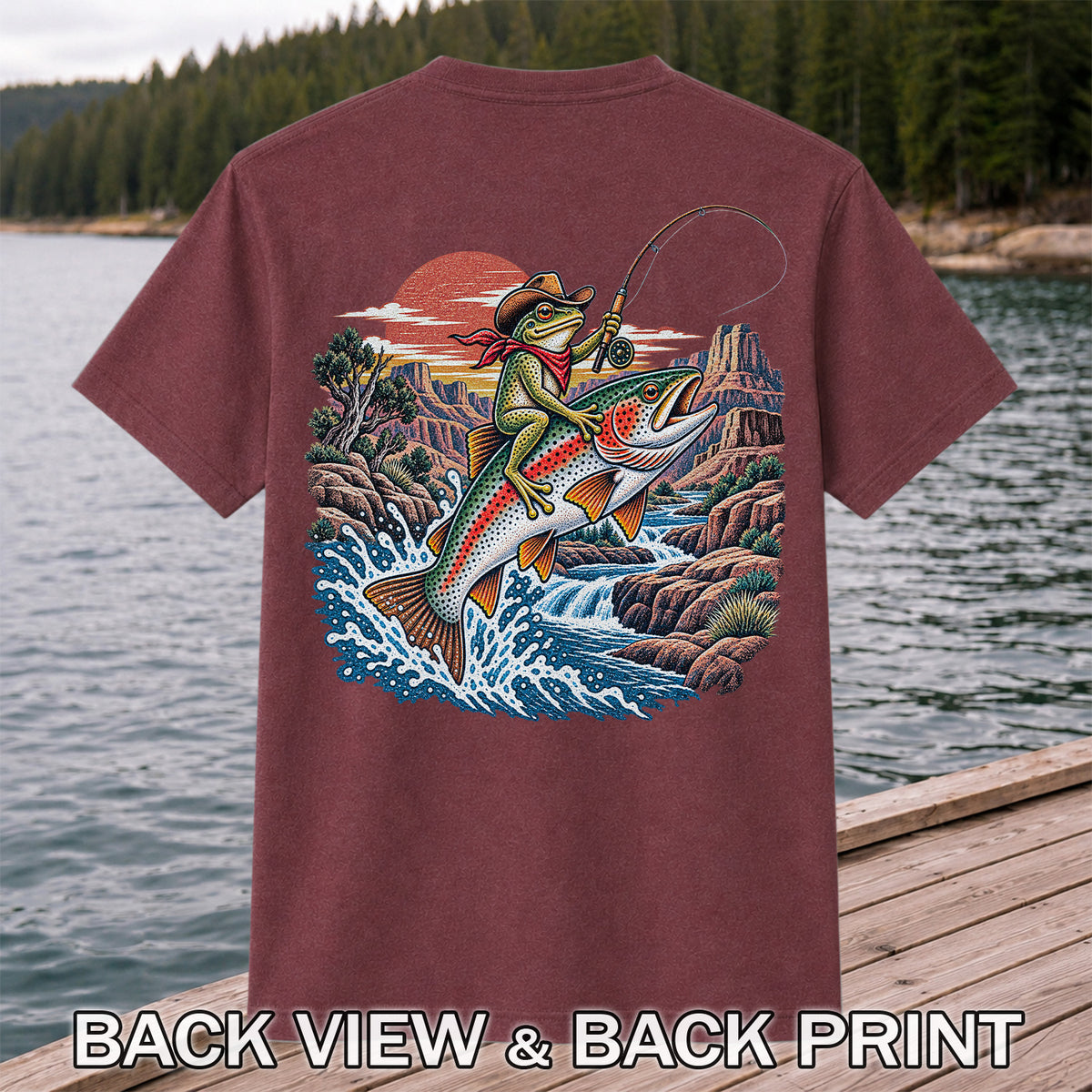 Cowboy Frog Riding a Rainbow Trout Canyon Fishing Graphic T-Shirt | Back Print