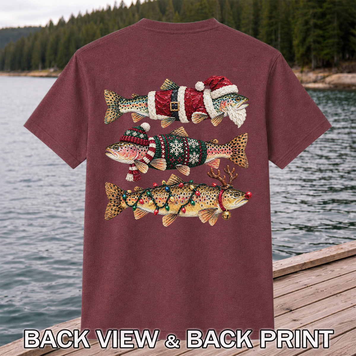 Christmas Trout Fishing Graphic T-Shirt with Festive Fish Artwork | Back Print