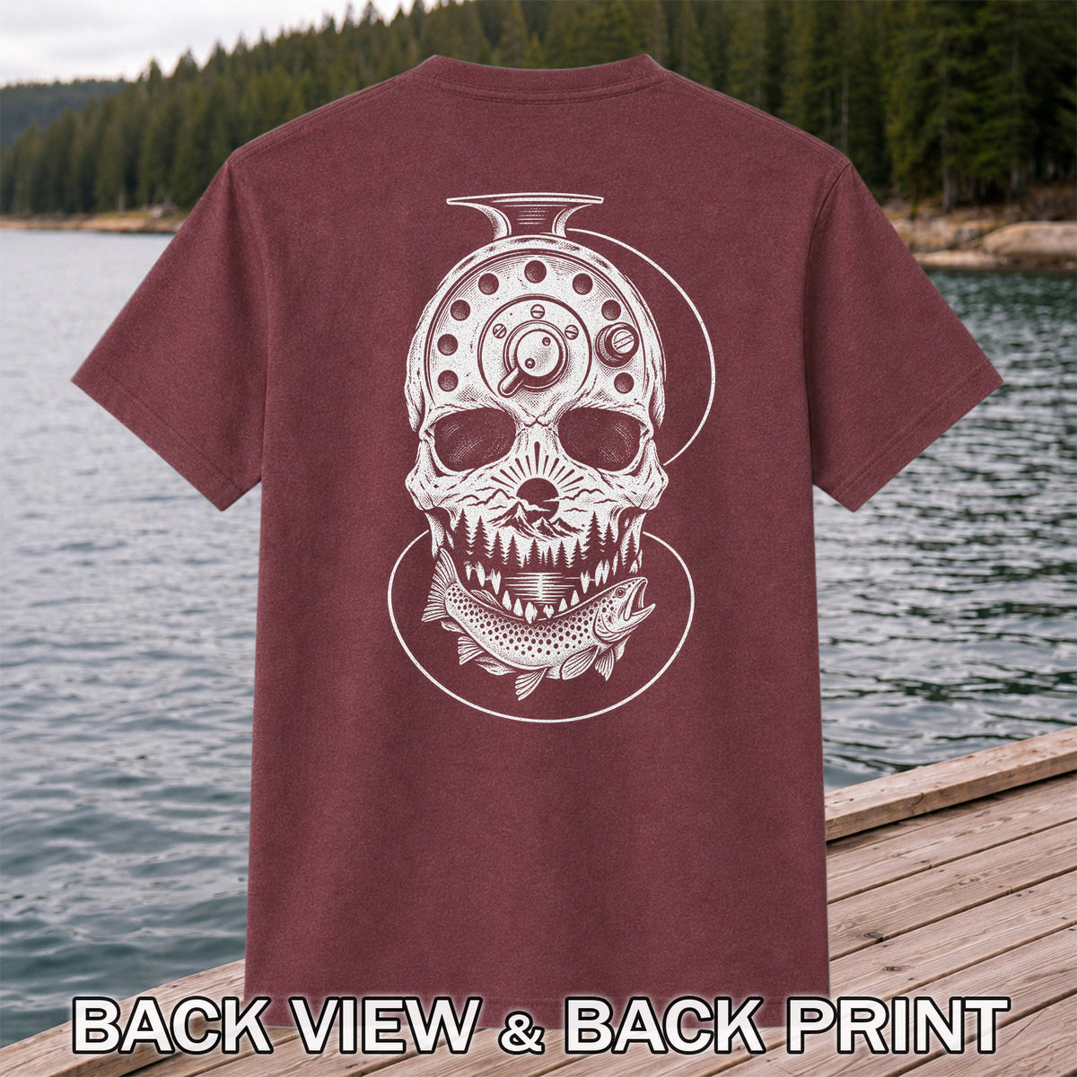 Trout and Fly Fishing Reel Skull Mountain Graphic T-Shirt | Back Print