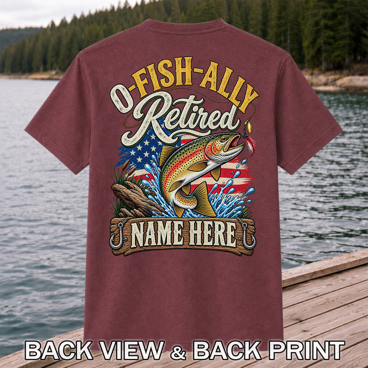 Retired Rainbow Trout American Flag Fishing T-Shirt | Back Print