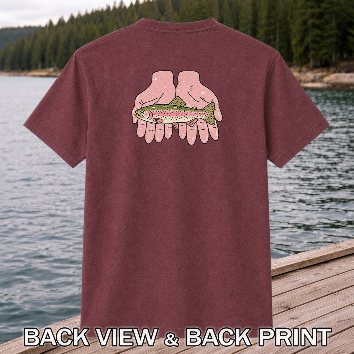 Rainbow Trout Held in Pink Hands Fishing Graphic T-Shirt | Back Print