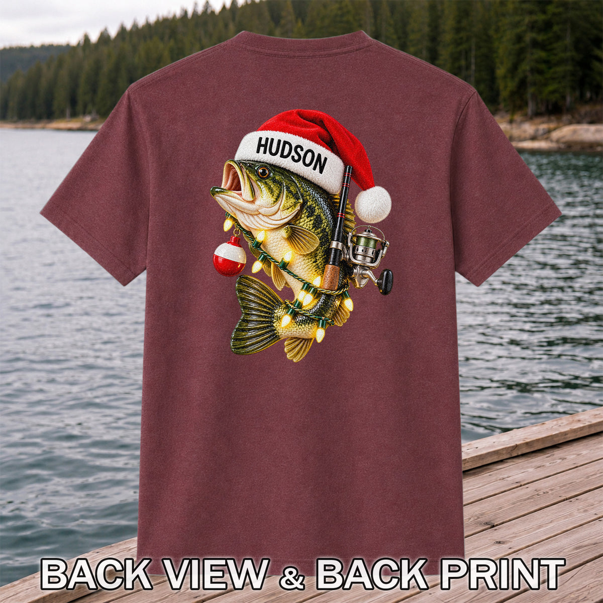 Hudson Santa Hat Bass Christmas Fishing Graphic T-Shirt | Back Print
