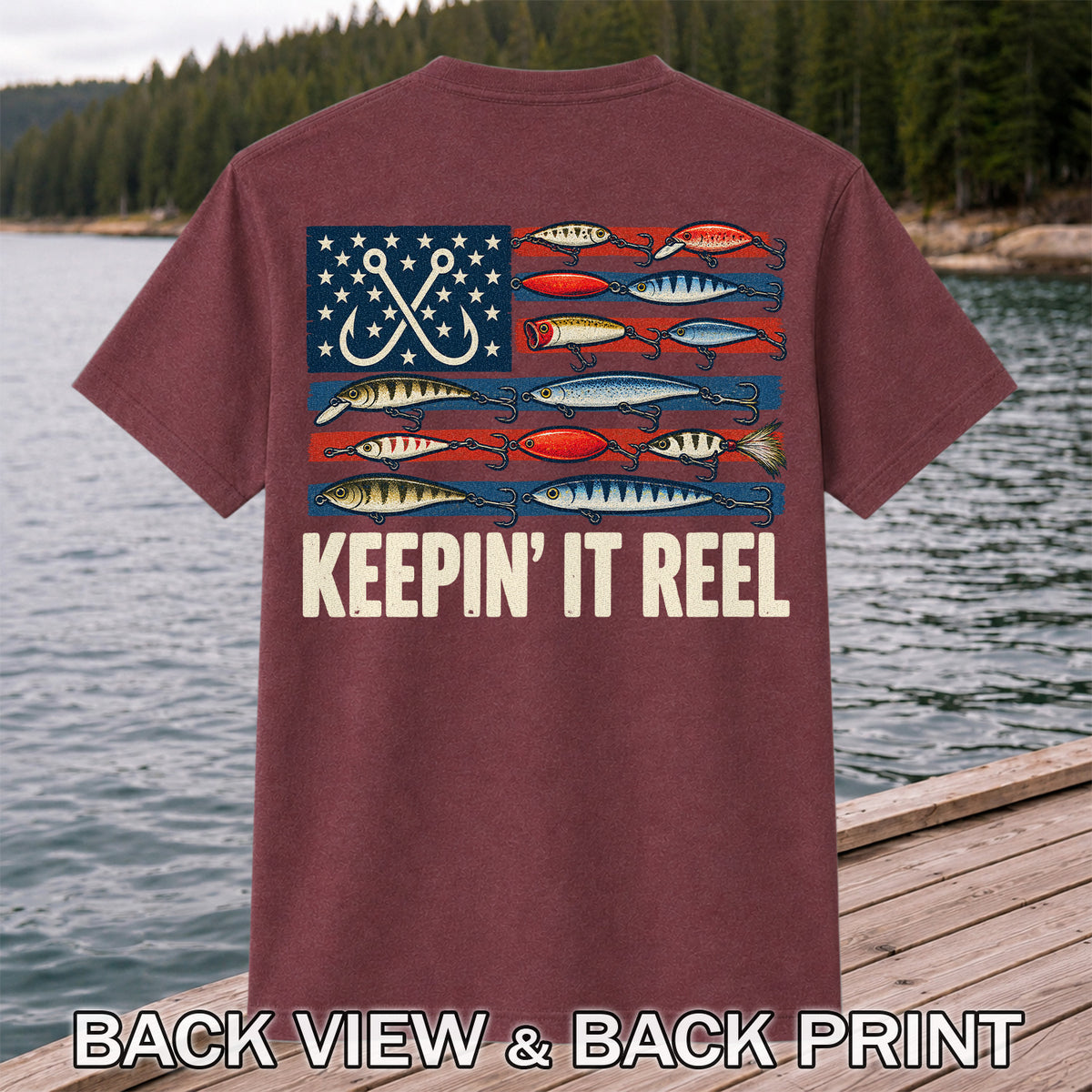 Keepin' It Reel American Flag Fishing Lures Graphic T-Shirt | Back Print