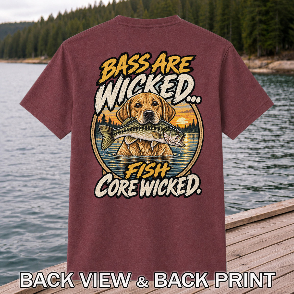 Bass Are Wicked Fish Core Wicked Dog Holding Bass Fishing T-Shirt | Back Print