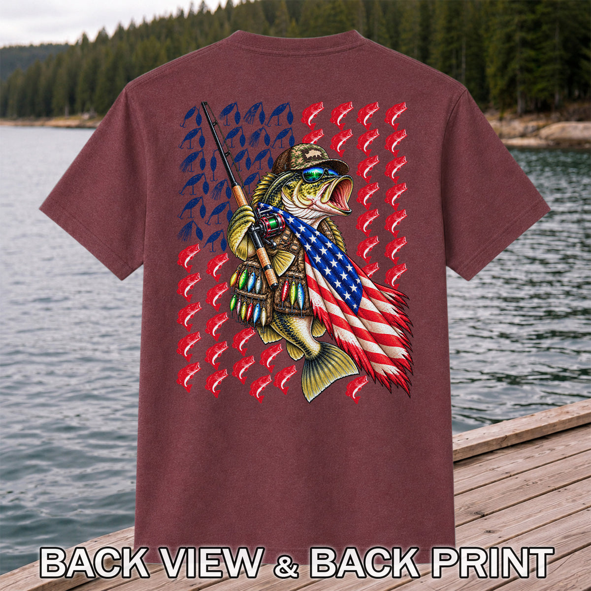 Patriotic Bass Fishing Graphic T-Shirt with American Flag Design | Back Print
