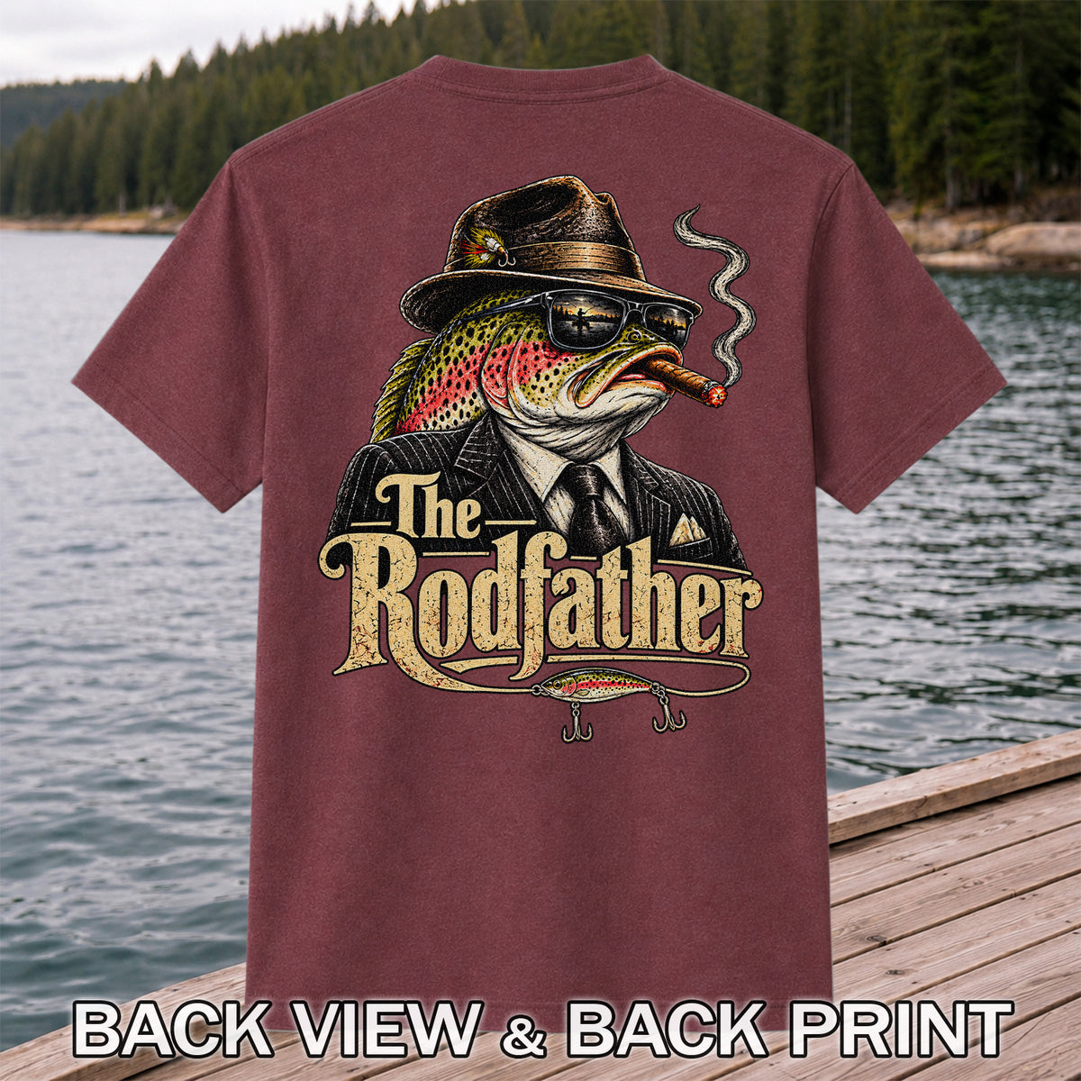 The Rodfather Rainbow Trout Gangster Funny Fishing T-Shirt | Back Print
