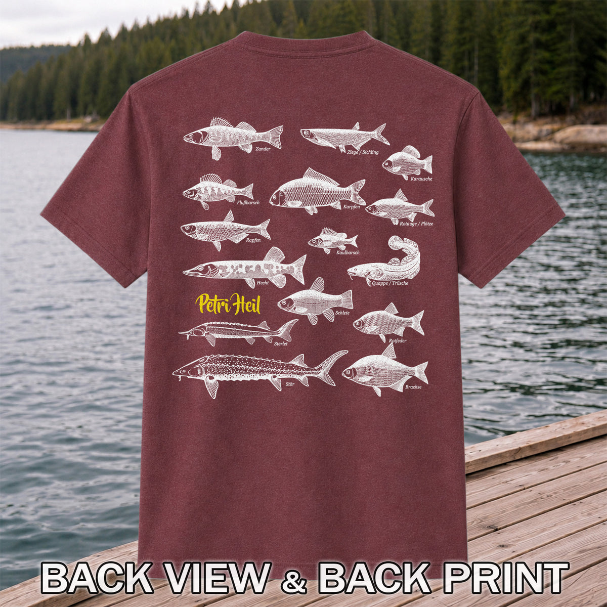German Freshwater Fish Species Chart Fishing Graphic T-Shirt | Back Print