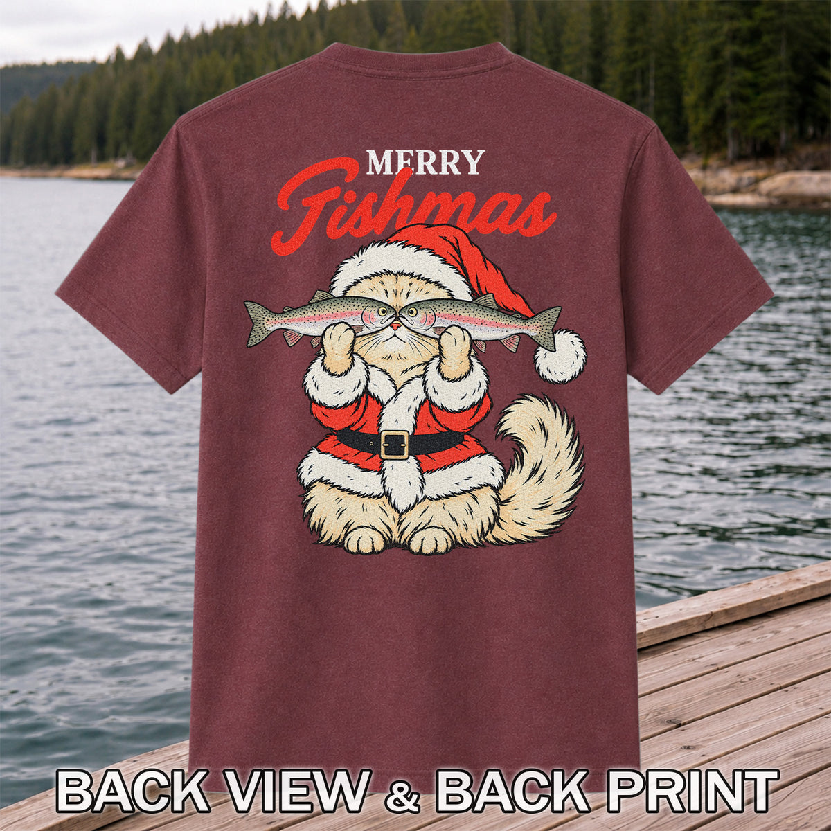 Santa Cat Holding Trout Merry Christmas Fishing T-Shirt | Back Print