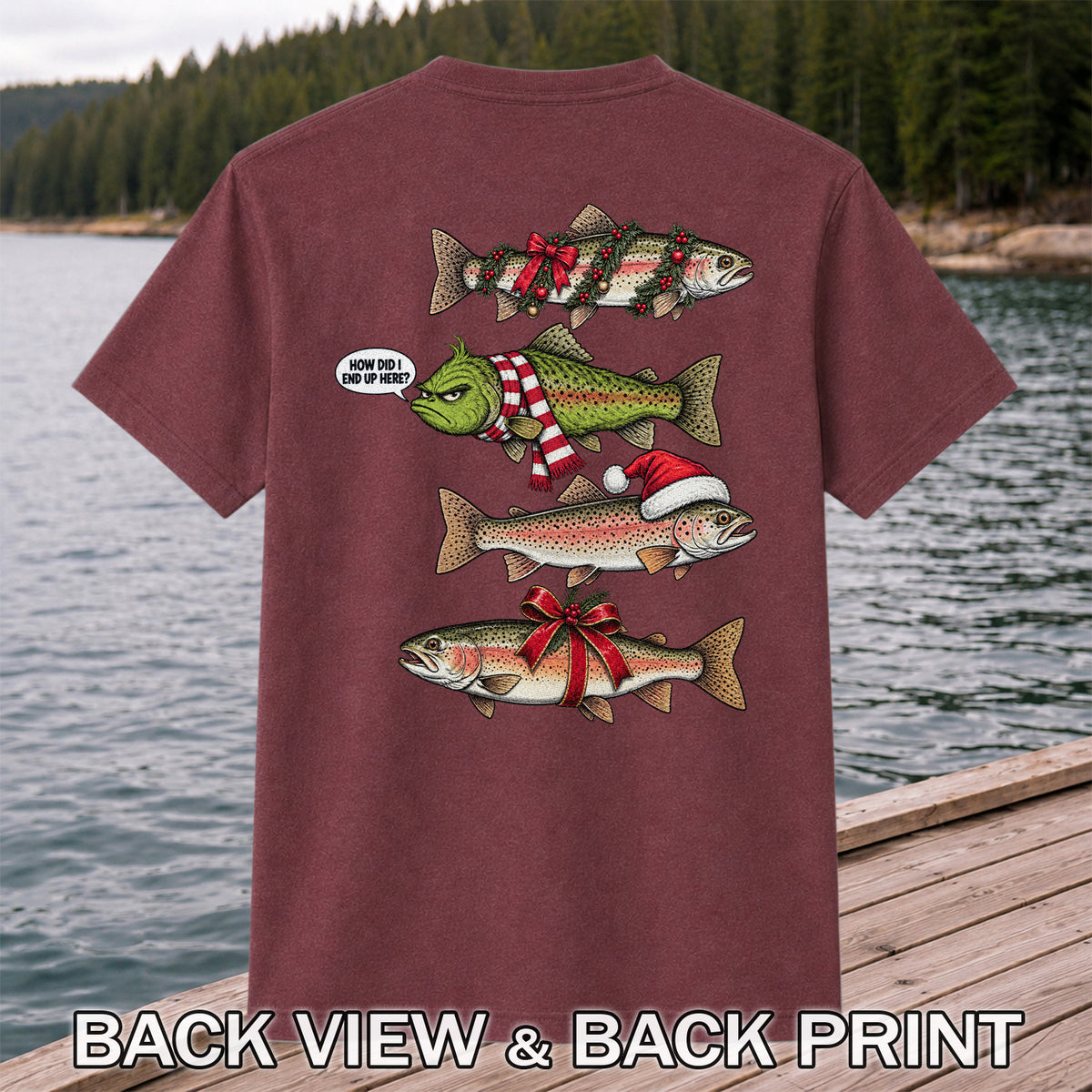 Christmas Trout Fishing Holiday Graphic T-Shirt | Back Print