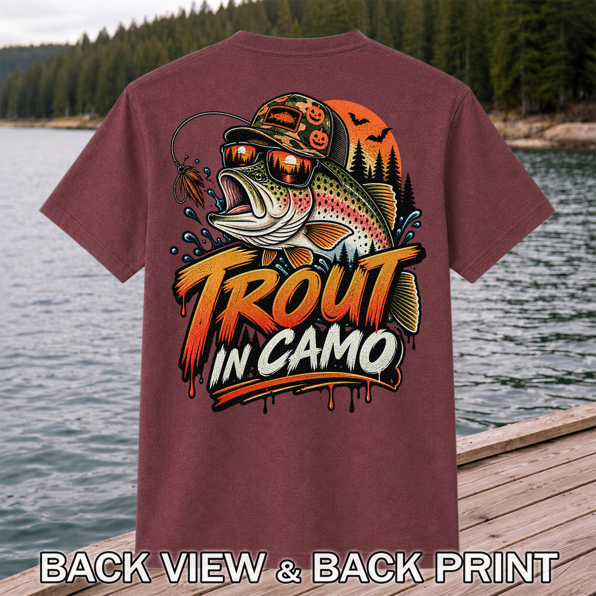 Trout in Camo Halloween Rainbow Trout Fishing Graphic T-Shirt | Back Print
