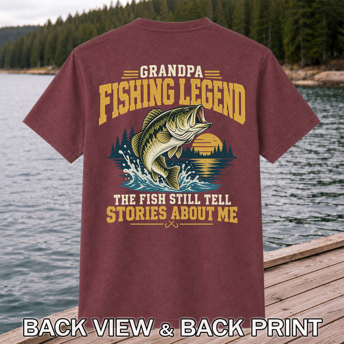 Grandpa Fishing Legend Jumping Bass Vintage Fishing T-Shirt | Back Print