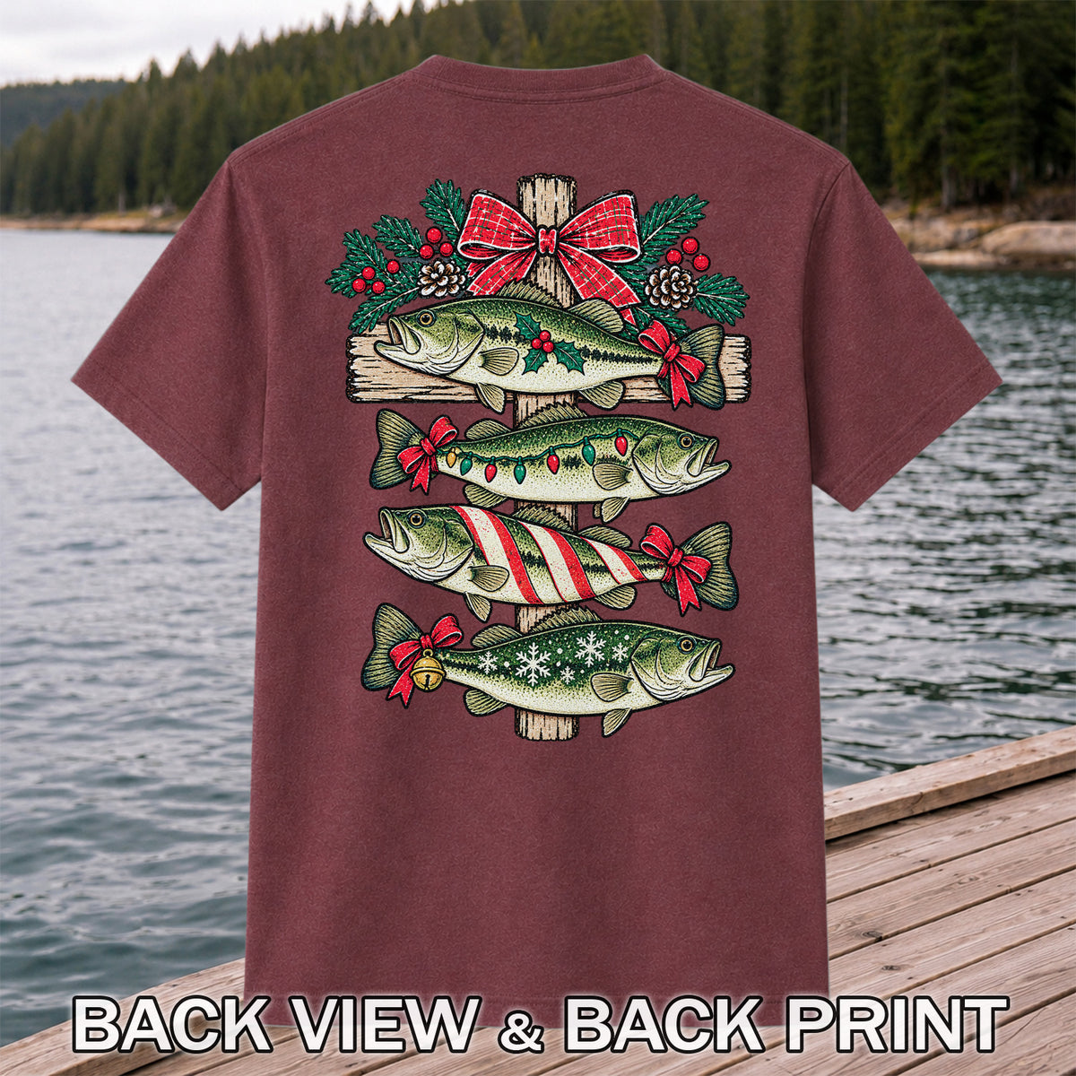 Christmas Bass Fishing Sign Holiday Graphic T-Shirt | Back Print