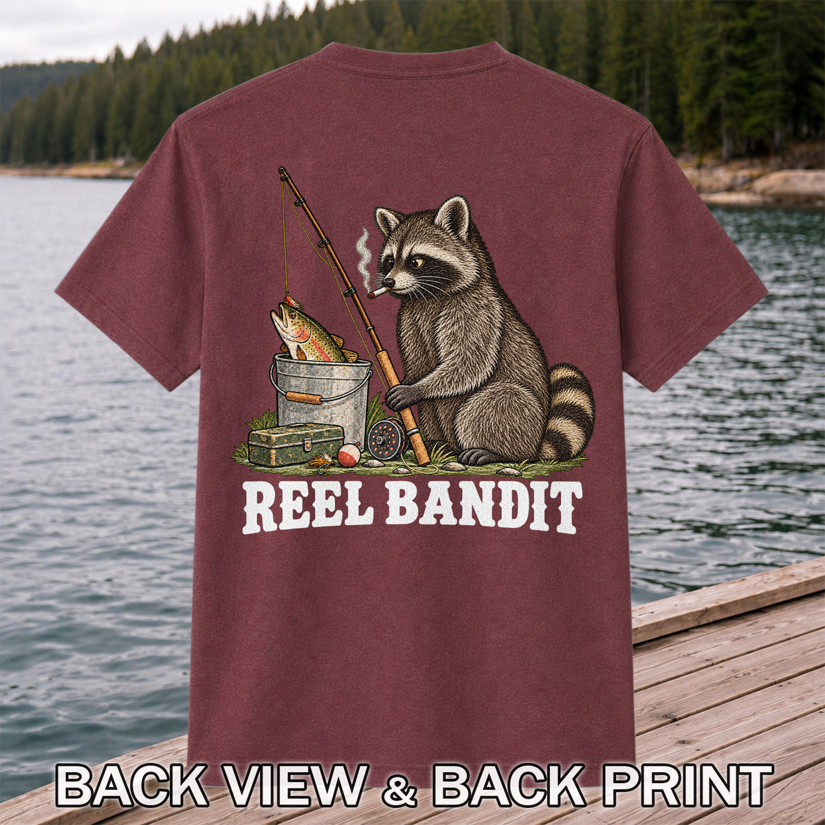 Reel Bandit Smoking Raccoon with Fishing Rod Funny T-Shirt | Back Print