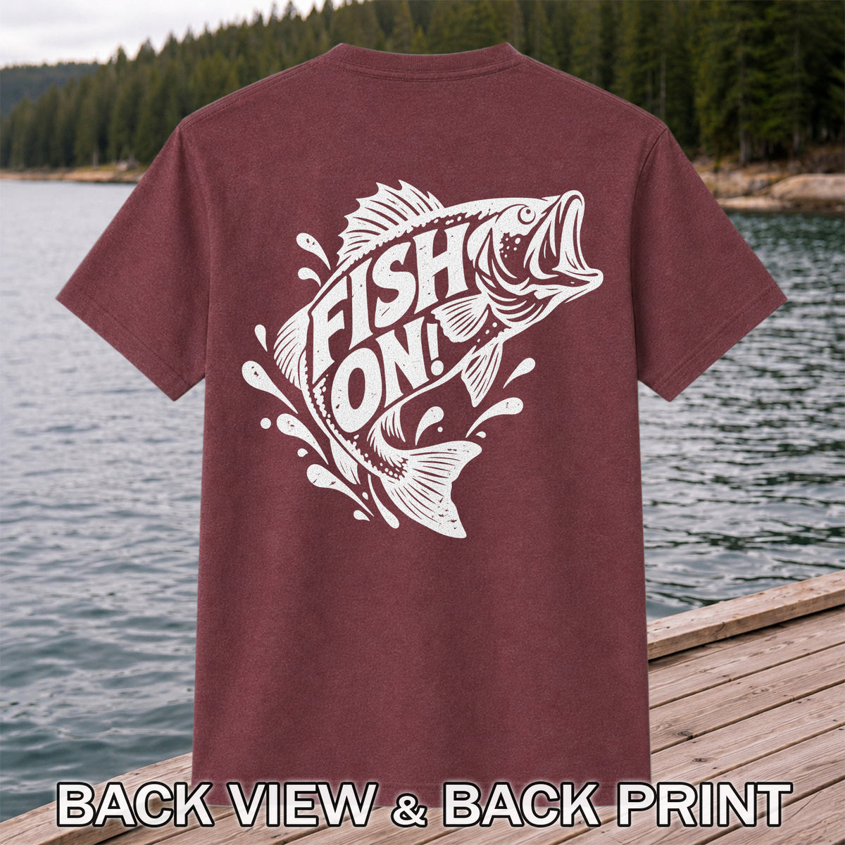 Fish On! Jumping Bass Fishing Distressed Graphic T-Shirt | Back Print