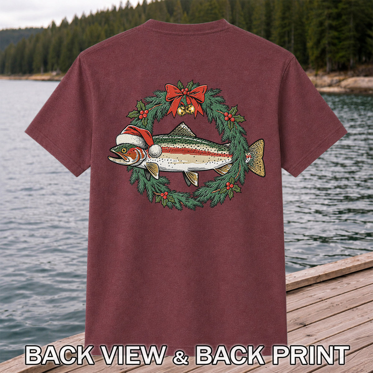 Christmas Trout Wreath Fishing Graphic T-Shirt | Back Print