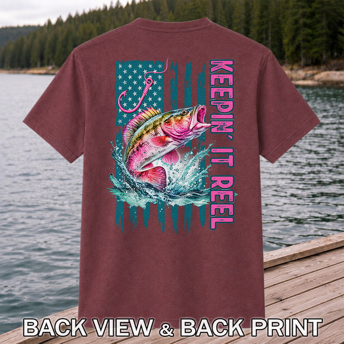Keepin' It Reel Bass Fishing American Flag Graphic T-Shirt | Back Print