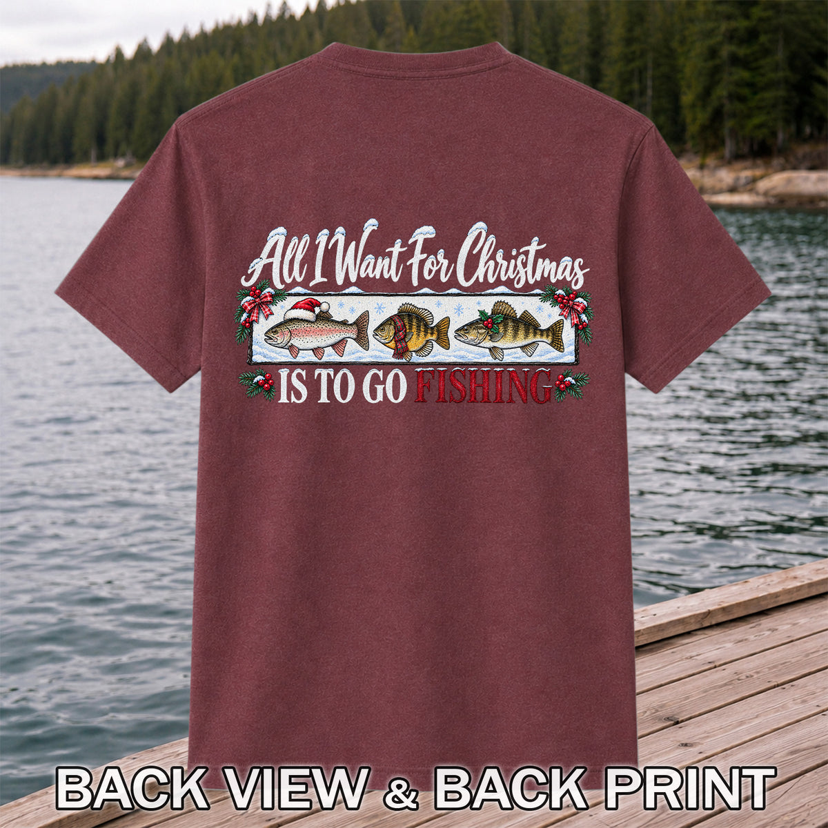 Christmas Freshwater Fish Fishing Graphic T-Shirt | Back Print