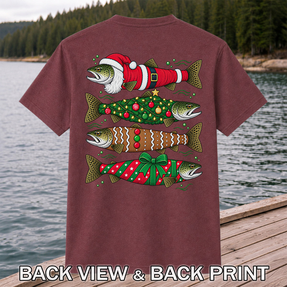 Christmas Trout Santa Tree and Gift Wrap Fishing T-Shirt | Back Print