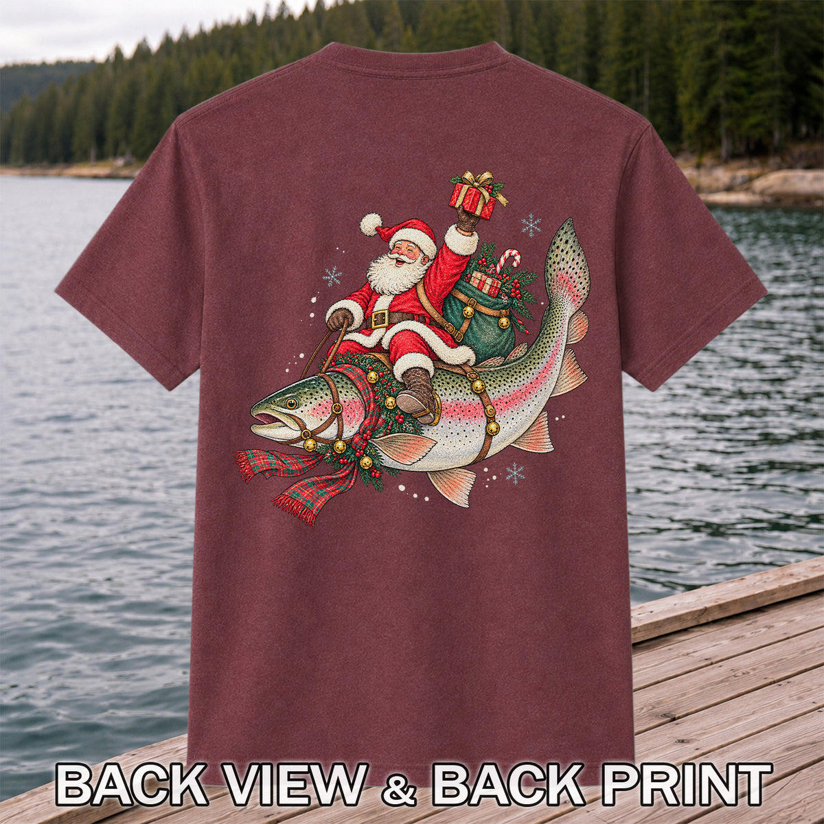 Santa Riding a Festive Rainbow Trout Christmas Fishing Graphic T-Shirt | Back Print