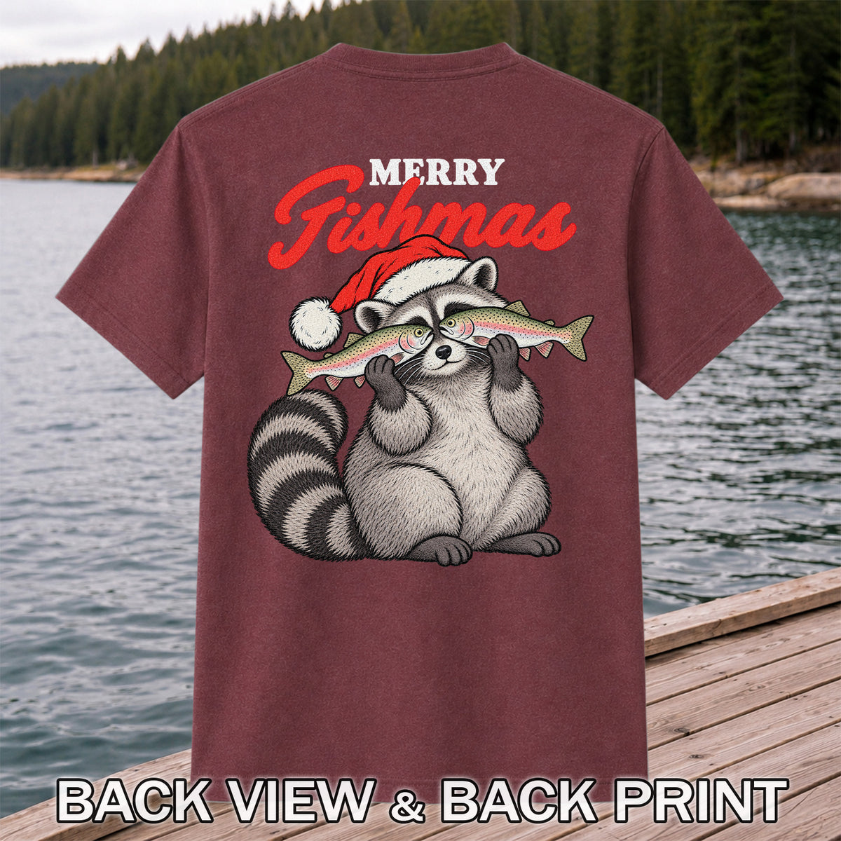Santa Raccoon Holding Fish Christmas Fishing Graphic T-Shirt | Back Print