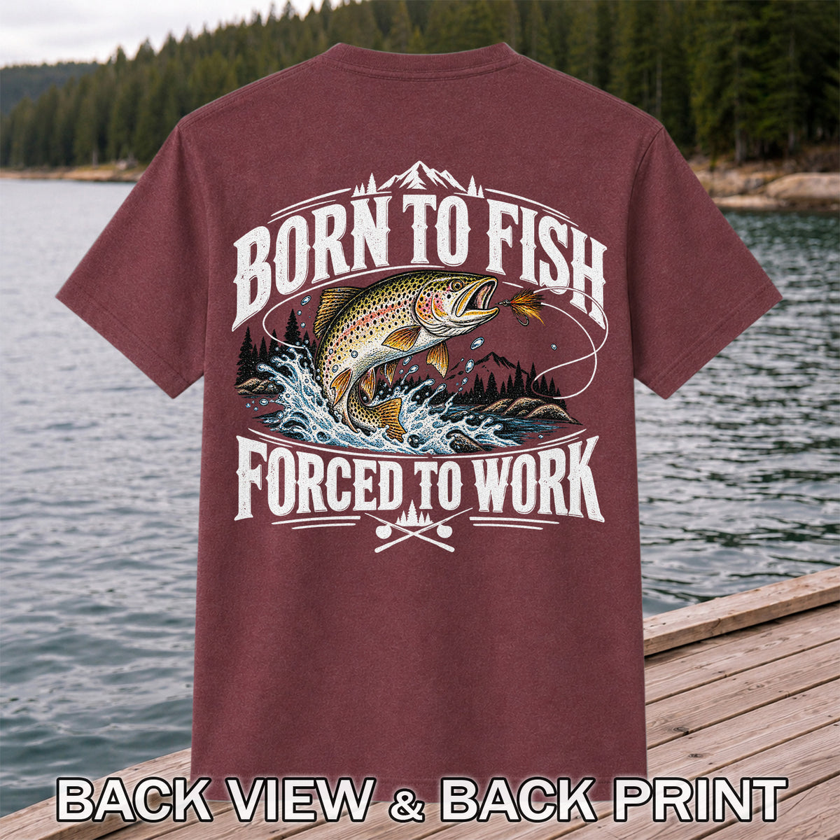 Brown Trout Mountain Lake Fishing Graphic T-Shirt | Back Print
