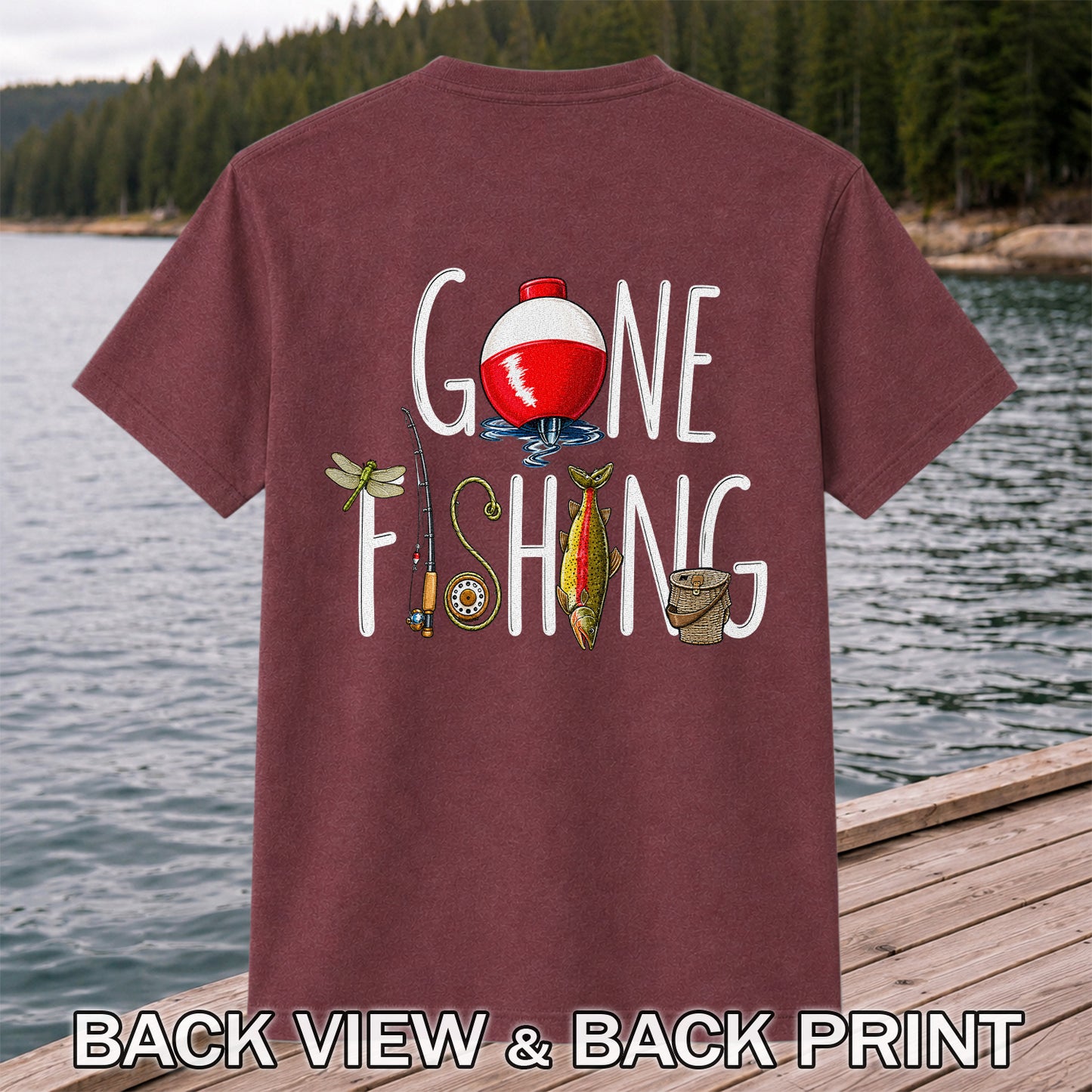 Gone Fishing Trout, Bobber and Fly Rod Graphic T-Shirt | Back Print
