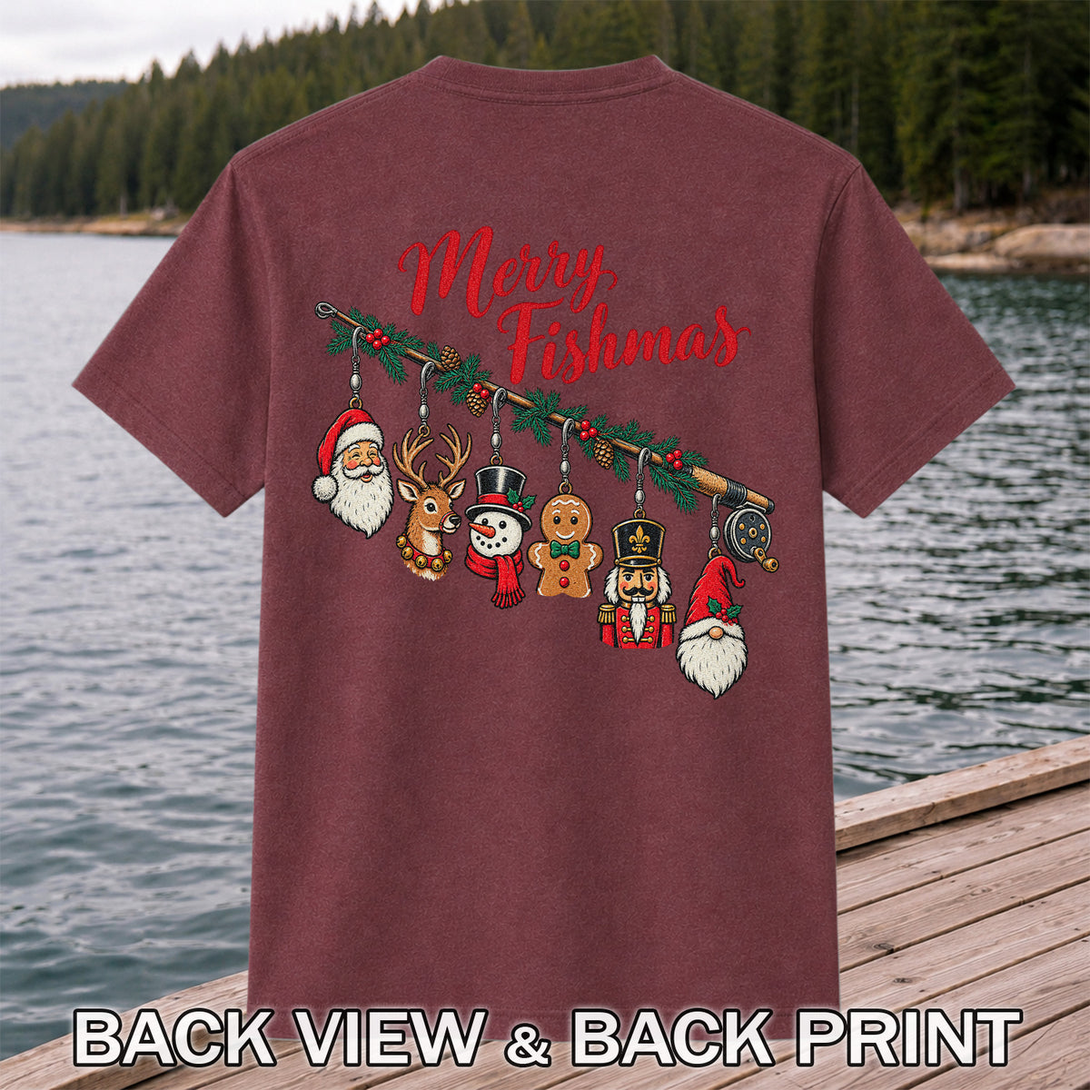 Christmas Fishing Rod Ornaments Holiday Graphic T-Shirt | Back Print