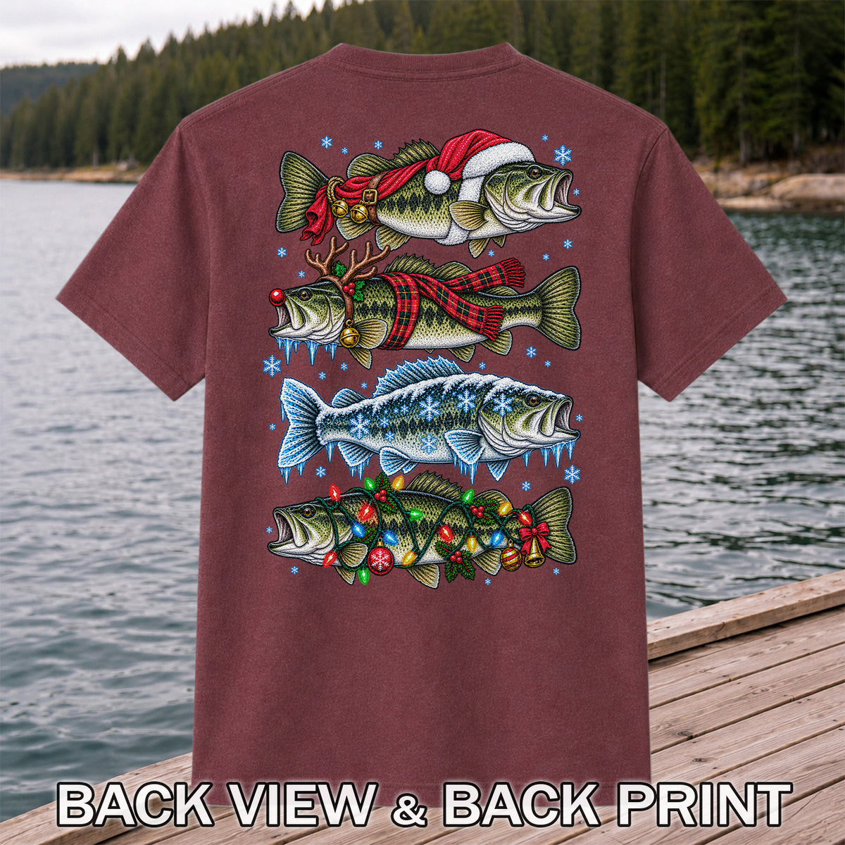 Christmas Bass with Santa Hat and Holiday Lights Fishing T-Shirt | Back Print