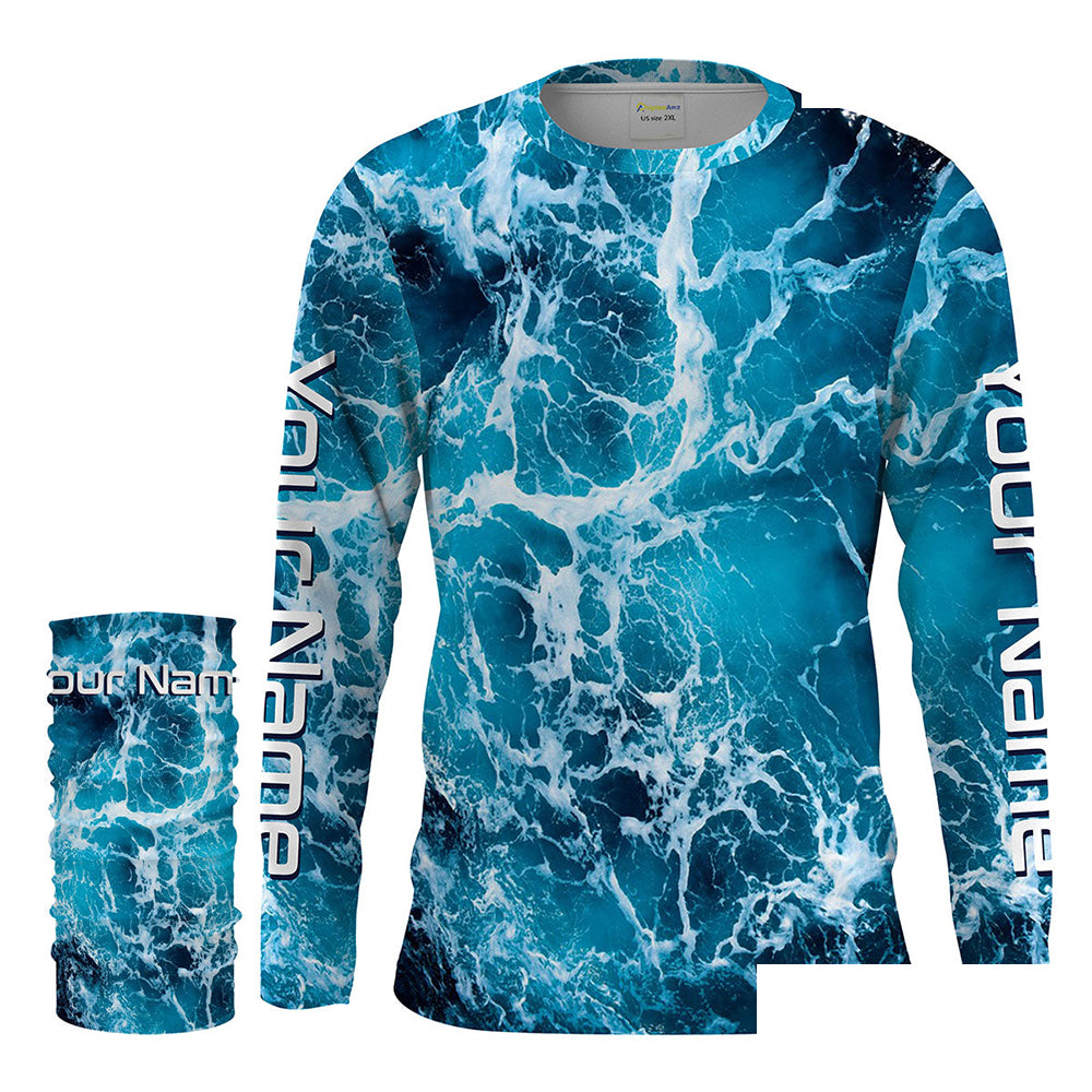 Custom Saltwater Long sleeve Fishing Shirts UV Protection, Sea wave camo Fishing Shirts - IPHW1329