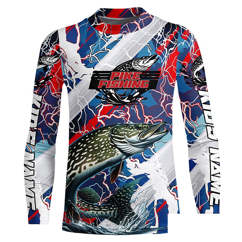 Red, White And Blue Lightning Camo Custom Pike Long Sleeve Tournament Fishing Shirts IPHW6030