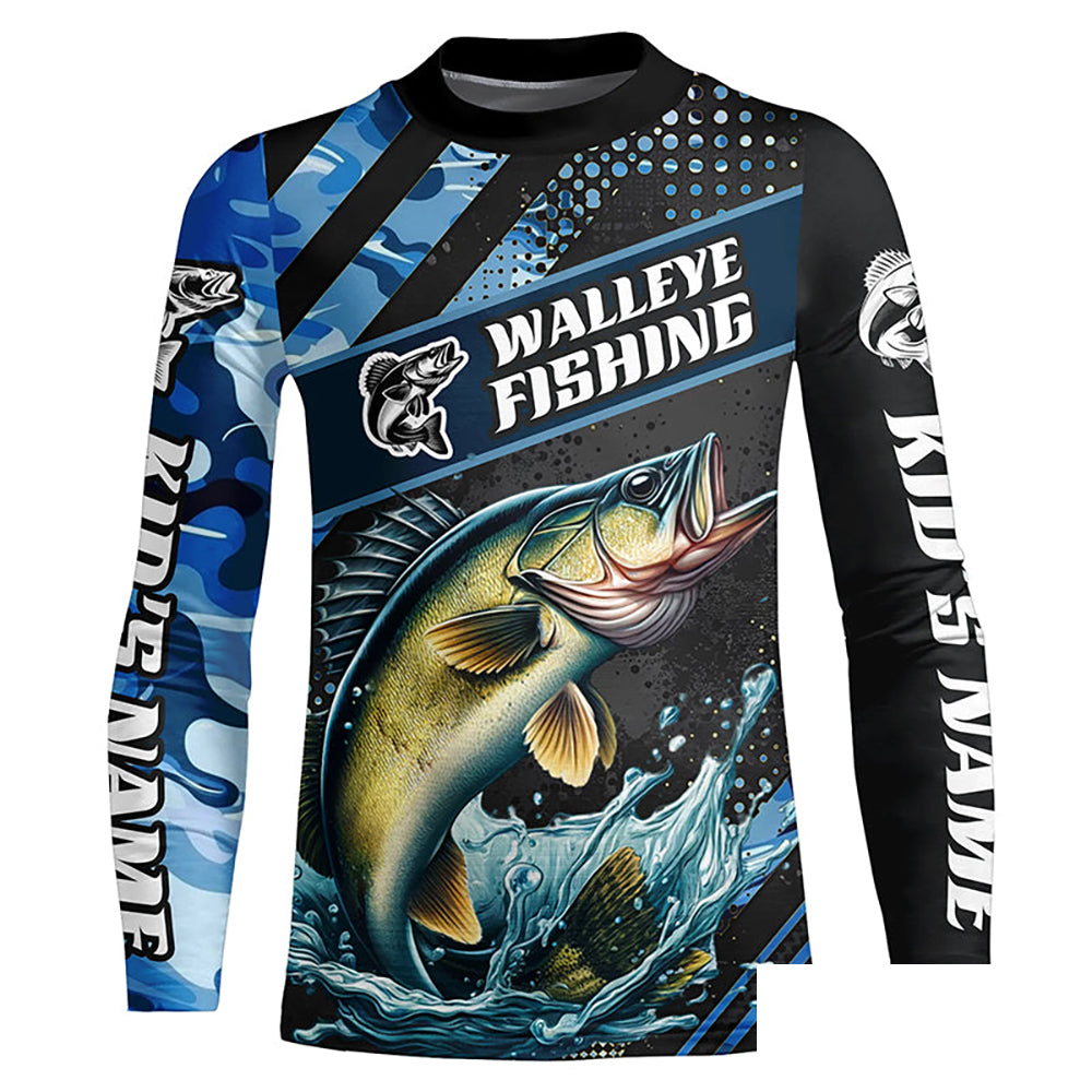 Personalized Blue Camo Walleye Fishing Jerseys, Walleye Long Sleeve Tournament Fishing Shirts IPHW6330