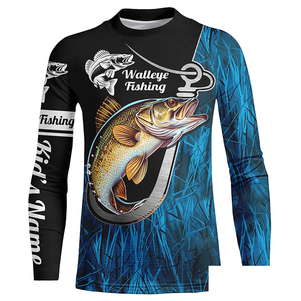 Fish Hook Walleye Fishing Custom Long Sleeve Tournament Fishing Shirts Fishing Jerseys | Blue Camo IPHW5736
