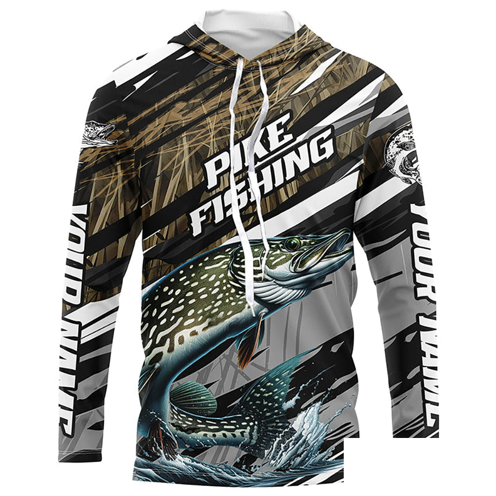 Pike Fishing Grass Camo Custom Long Sleeve Shirts, Pike Uv Protection Tournament Fishing Jerseys IPHW6081