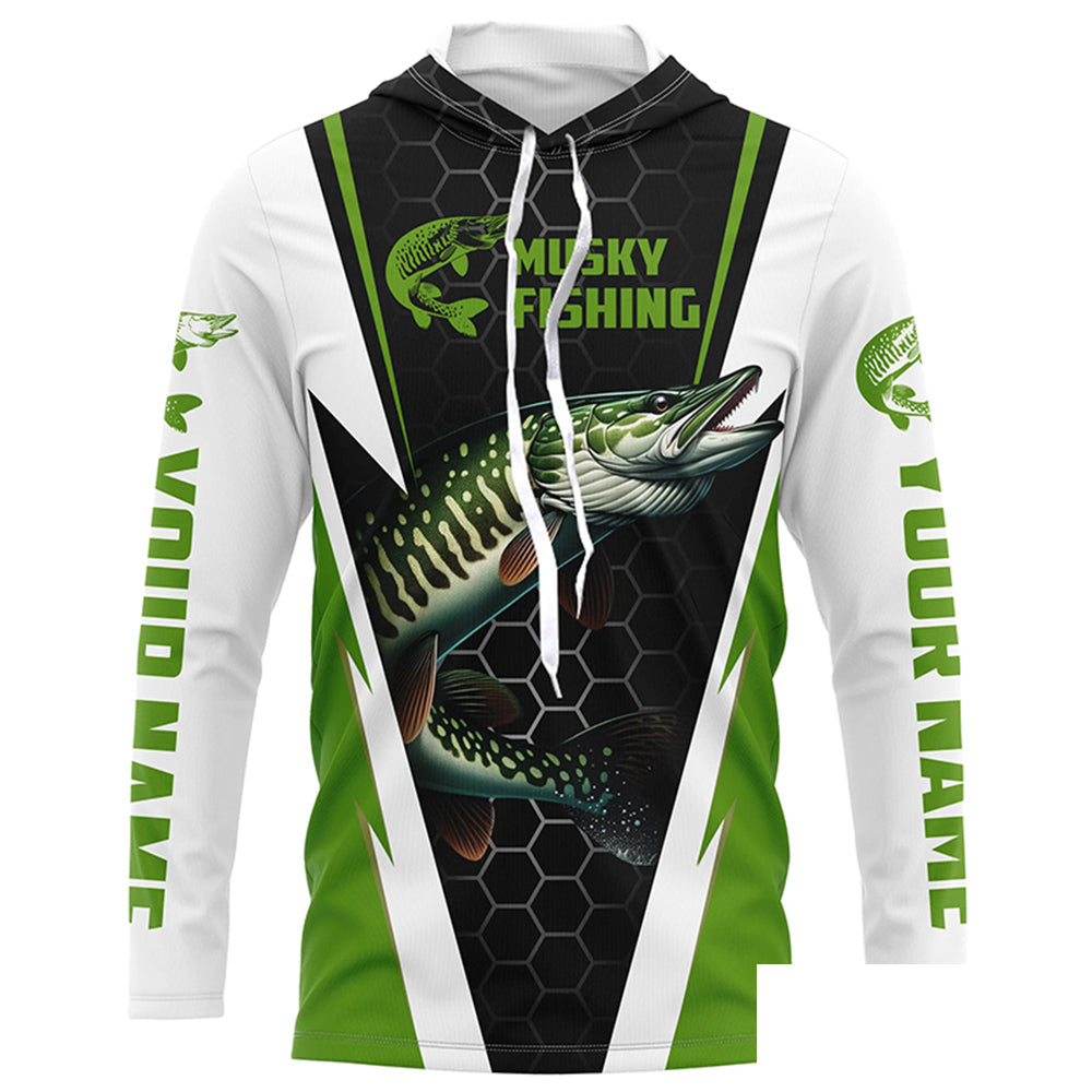 Personalized Musky Fishing Long Sleeve Tournament Fishing Shirts, Musky Fishing Jerseys |Green IPHW6142