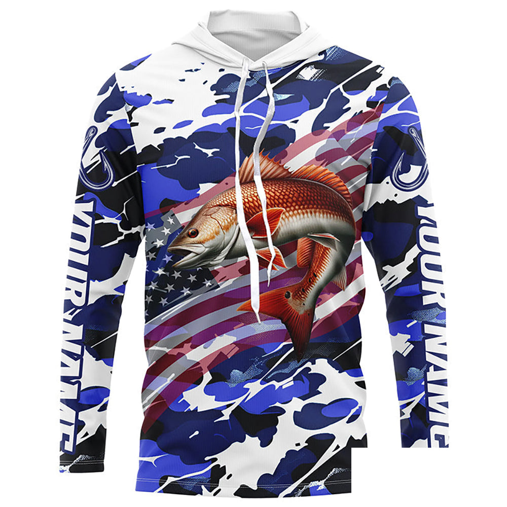 Redfish Fishing American Flag Blue Camo Custom Long Sleeve Shirts, Redfish Saltwater Fishing Shirts IPHW6508