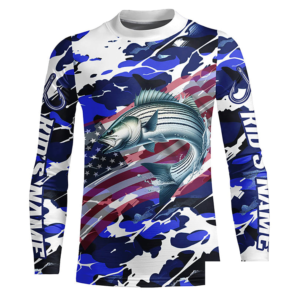 Striped Bass Fishing American Flag Camo Custom Long Sleeve Shirts, Striper Saltwater Fishing Shirts IPHW6509