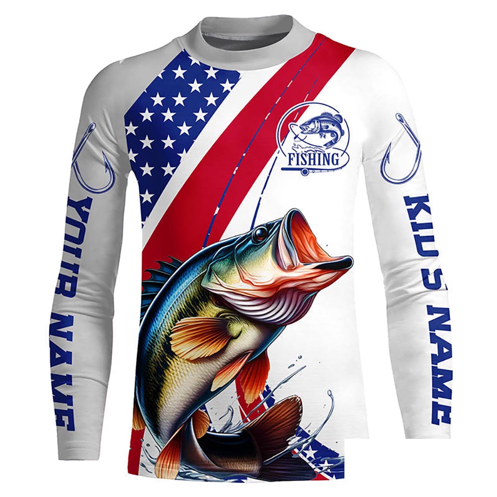 Custom Patriotic Bass Long Sleeve Fishing Shirts, Personalized Bass Fishing Jersey IPHW6846
